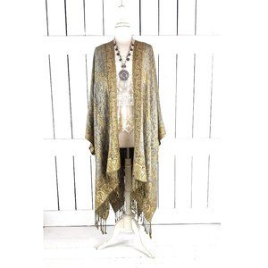 Grey beige paisley pashmina fringe tassel kimono cover up cardigan jacket one si